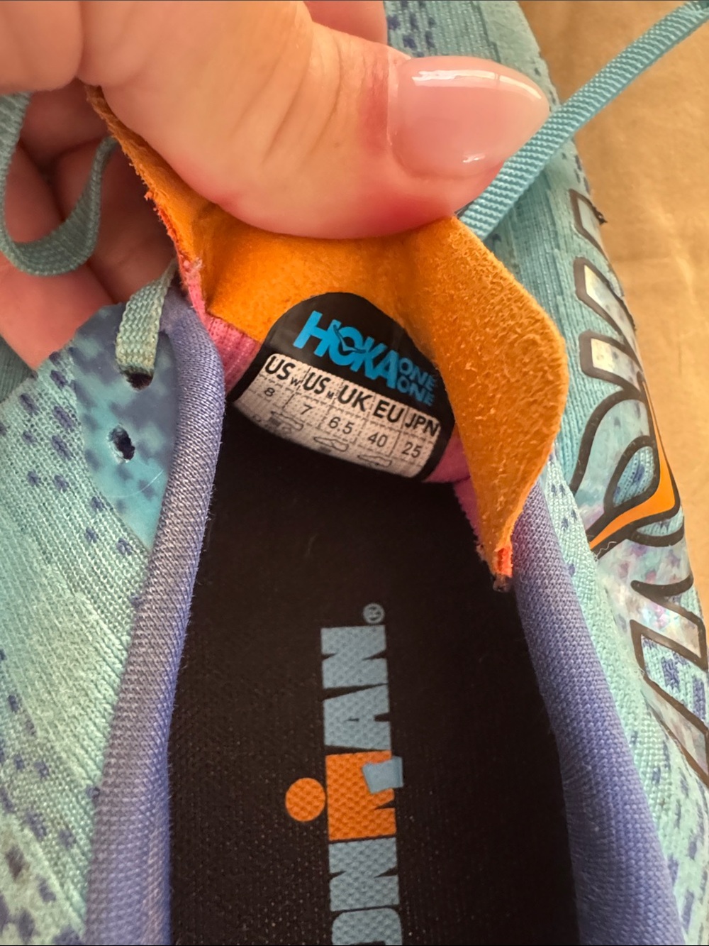 Hoka Ironman Blue Teal Running Shoes with Orange Accents and Pink Details - Picture 5 of 7
